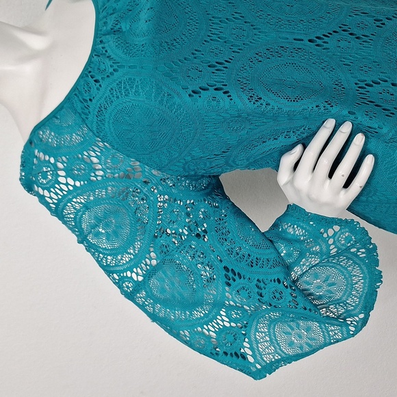 Tacera Bohemian Teal Lace Big Bell Sleeve Fairy Relaxed Fit Shift Dress Size 1X - Picture 6 of 15
